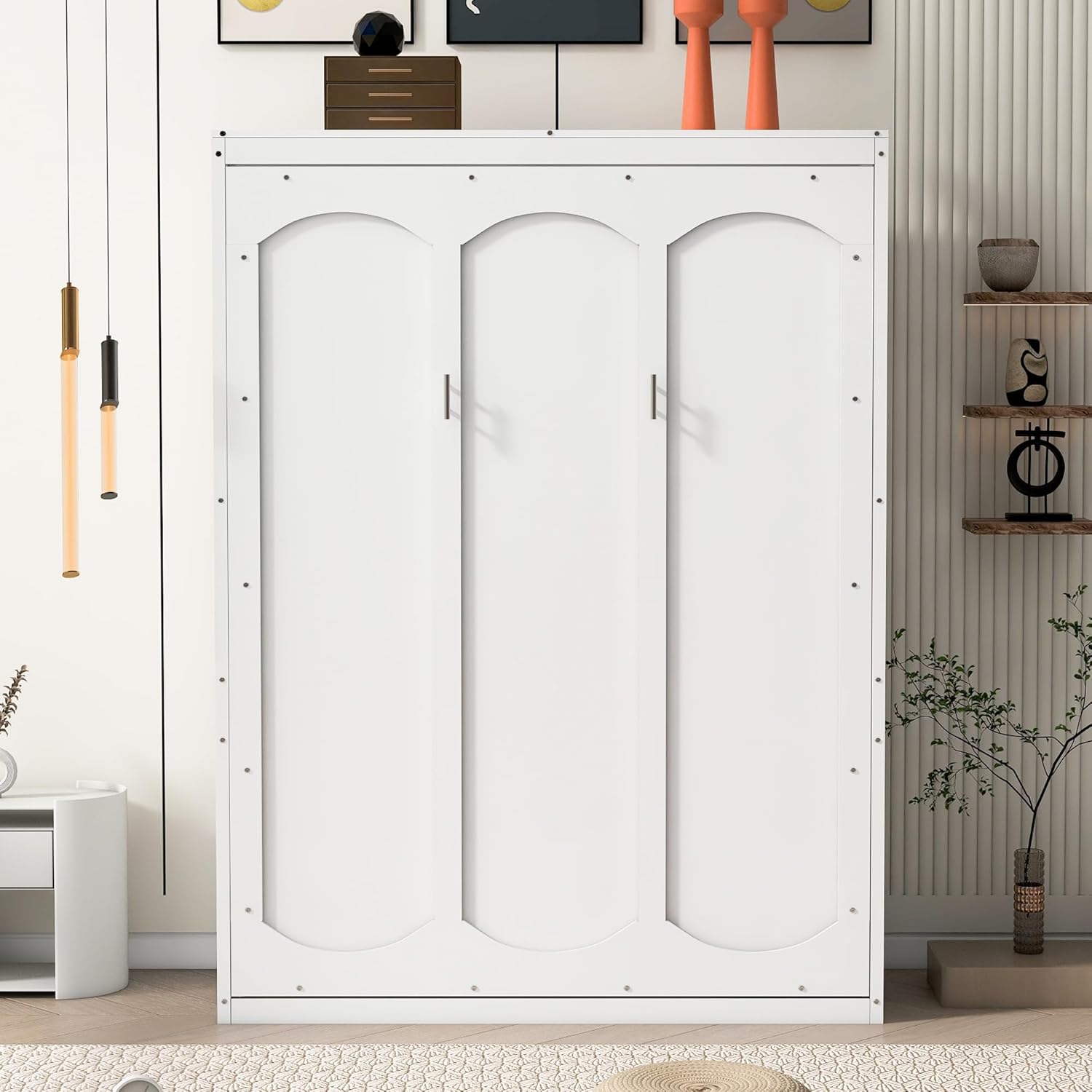 Full Size Murphy Frame,with Cabinet, Drawers and Storage Shelves,Space-Saving Wall Bed for Multipurpose Guest Room or Home Office,White, White-17