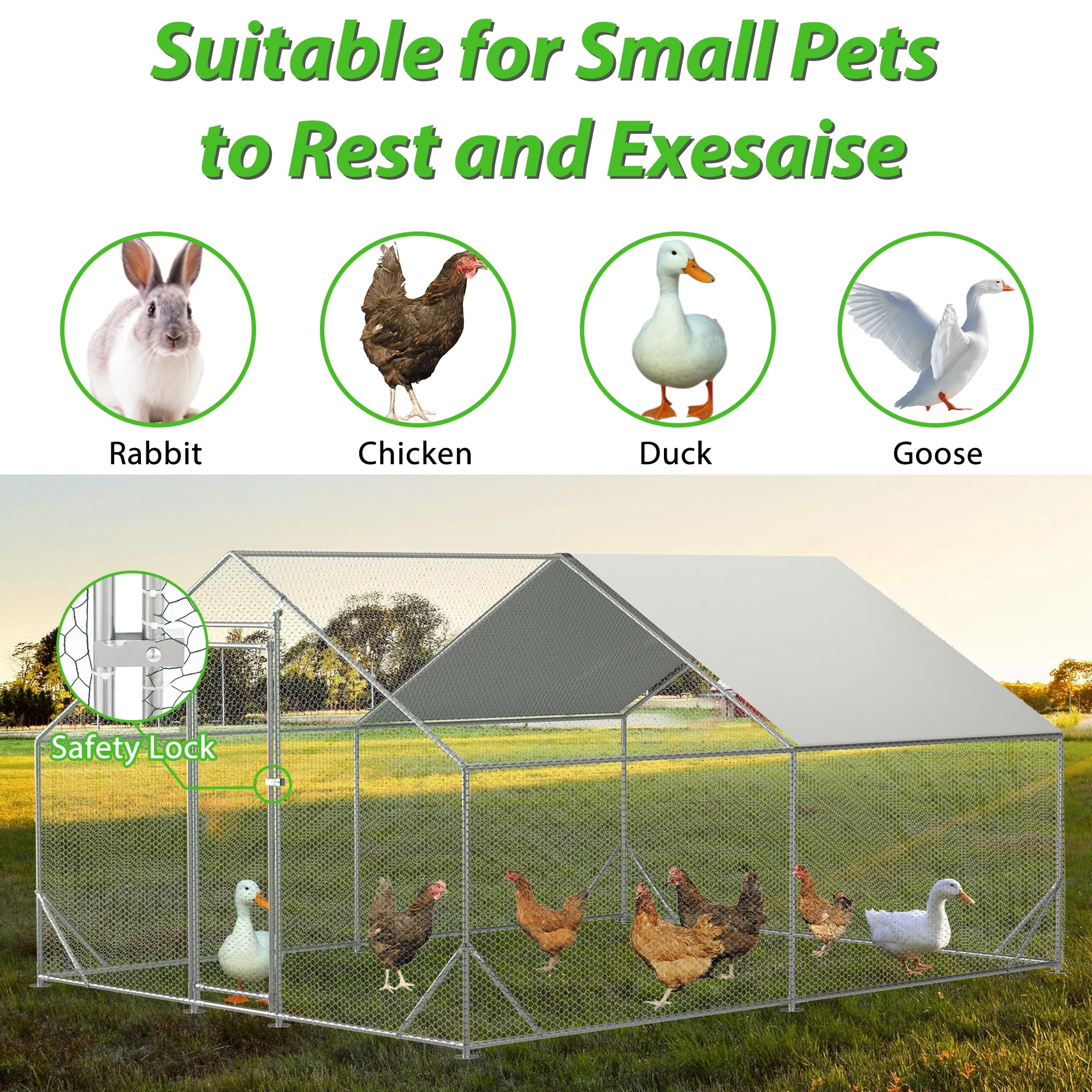 Large Metal Chicken Coop, Walk-in Chicken Run with Waterproof and Anti-Ultraviolet Cover for Backyard Farm(10' L x 13 W x 6.56' H)