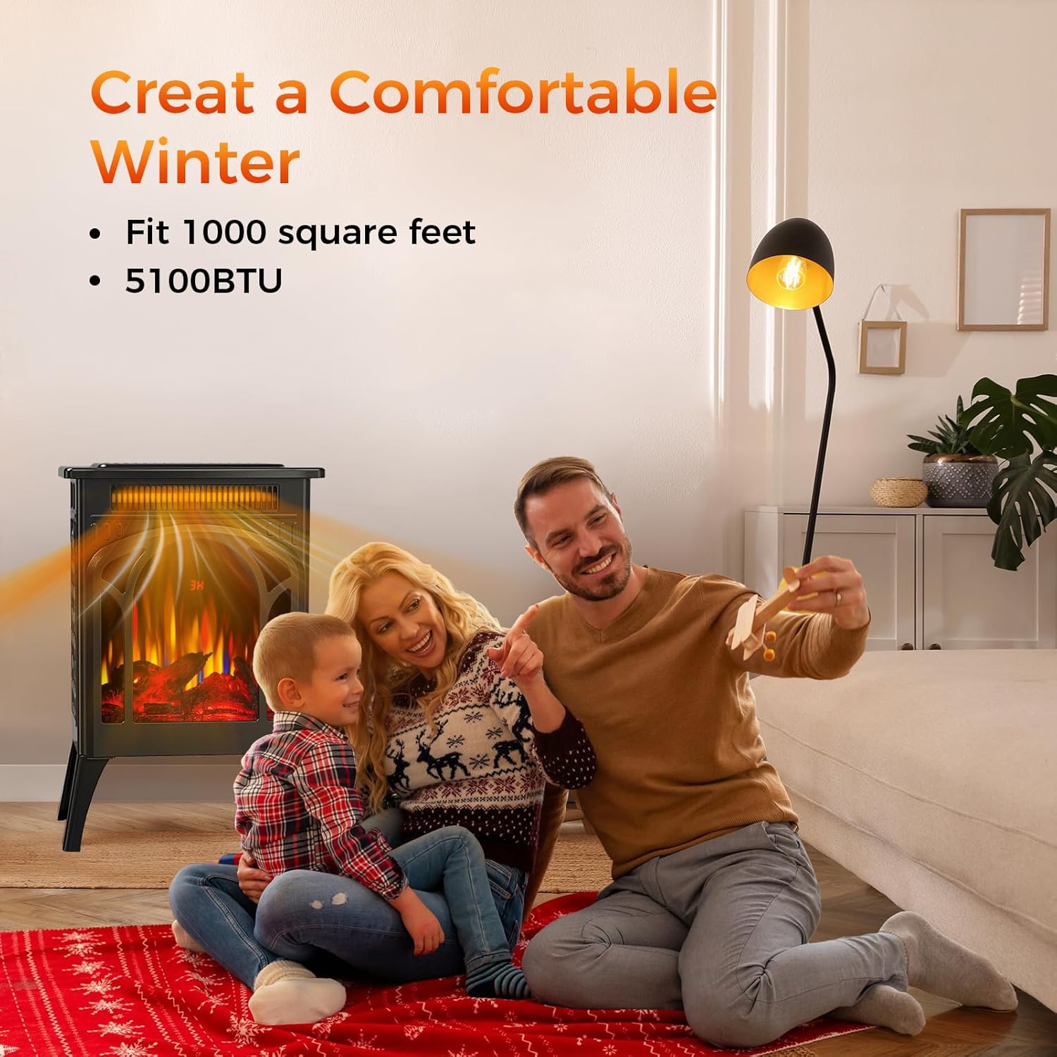 COWSAR Electric Fireplaces, 1500W Infrared Electric Stove Heater, Efficient Heating, 3D Realistic Flame, Remote Control, 8H Timer