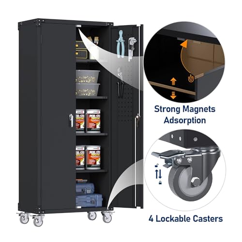 Garage Storage Cabinet with Wheels & Pegboard, 72" H Locking Metal Storage Cabinet with Doors and 4 Adjustable Shelves for Garage Workshop Home