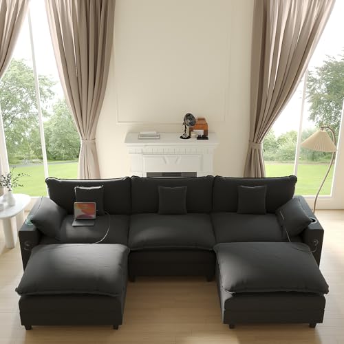 Modular Sectional Sofa, Cloud Couch with Ottoman, Charging Station, Throw Pillows, Cup Holders, Modern Convertible U Shaped Couches for Living Room
