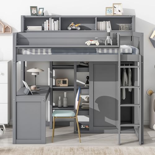 Harper & Bright Designs Twin Size Loft Bed with Wardrobe, Desk and Multiple Storage Shelves, Solid Wood Loft Bed Frame with Bookshelf