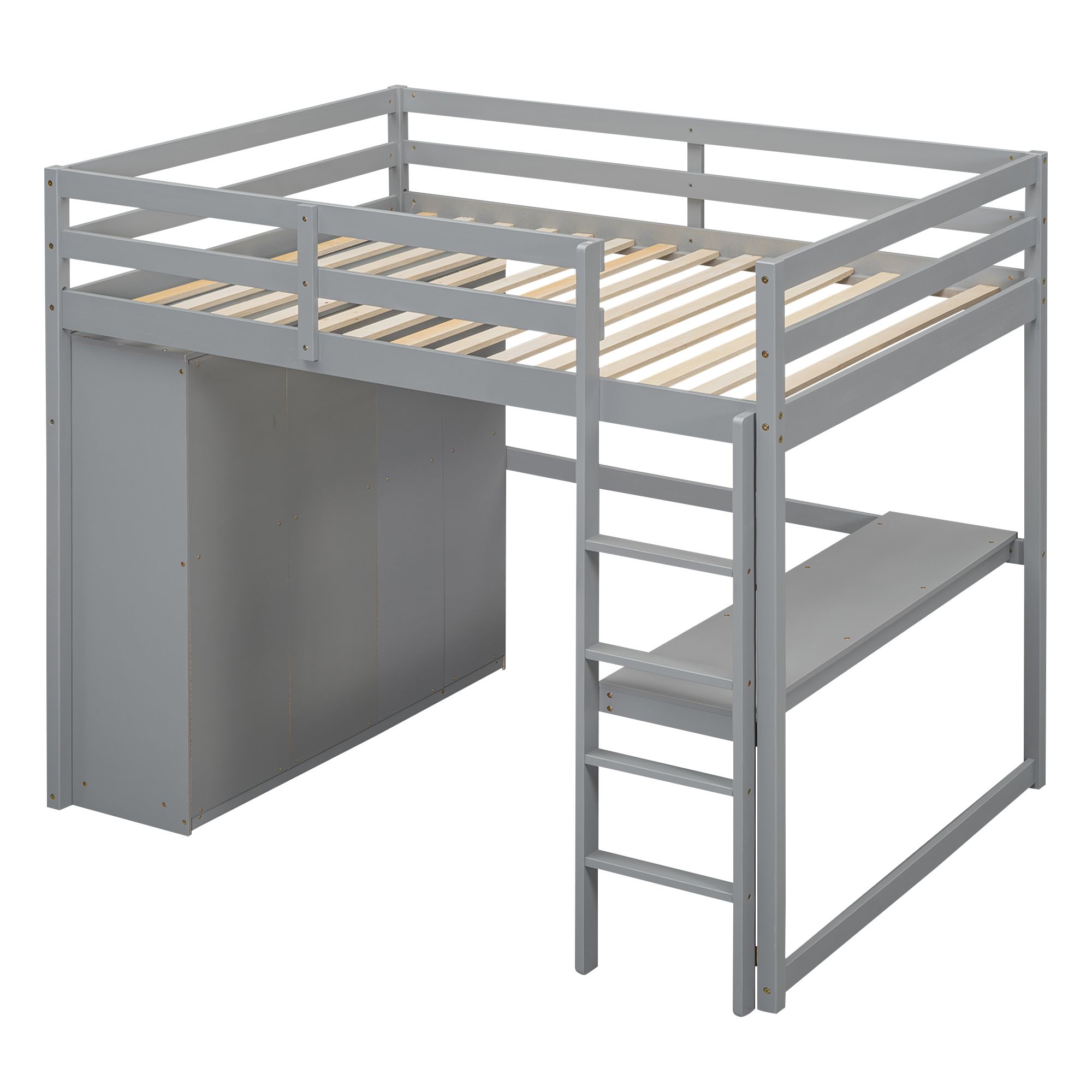 Full Size Loft Bed with Built-in Wardrobe, Desk, Storage Shelves and Drawers, Wooden Loft Beds Frame with Large Space