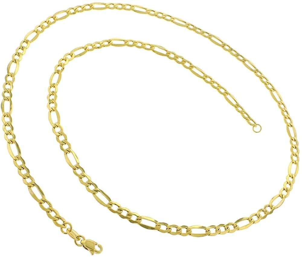 14K Yellow Gold 3mm Hollow Figaro Chain, FREE Microfiber Cloth, Link Mens Womens Necklace, Giorgio Bergamo
