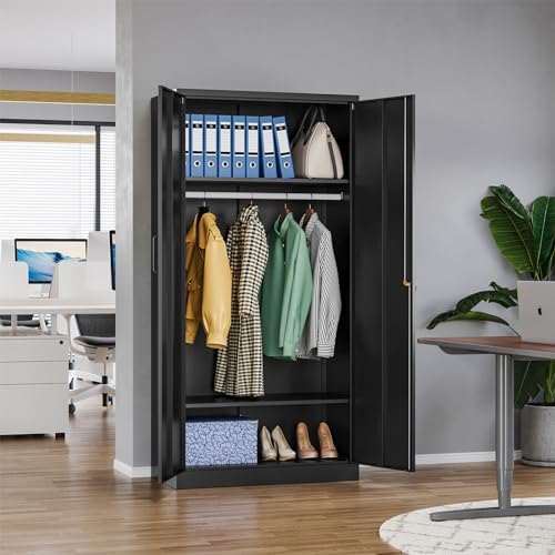 MIIIKO Steel Cabinet Wardrobe, Metal Locker Cabinet with Hanging Rod, Metal Clothing Locker Storage for Home, Office, Garage and Changing Room