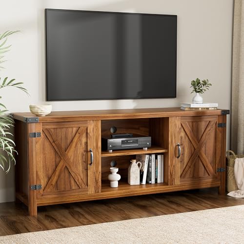 YESHOMY Modern Farmhouse TV Stand with Two Barn Doors and Storage Cabinets for Televisions up to 65+ Inch, Entertainment Center Console Table