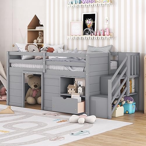 Harper & Bright Designs Low Loft Bed with Stairs, Solid Wood Twin Size Low Loft Bed Frame with Storage Drawers and Shelf