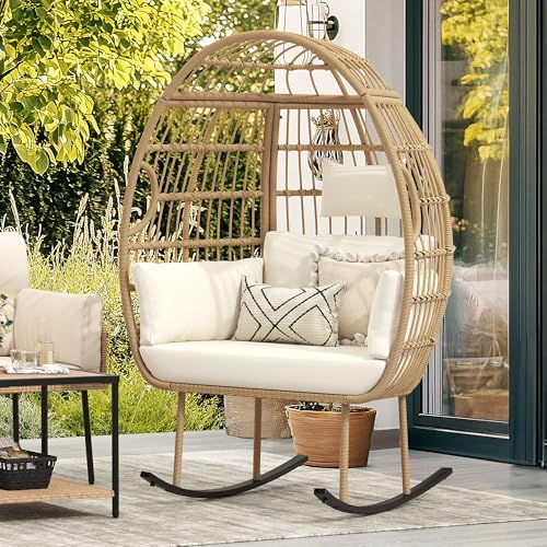 DWVO Rattan Egg Chair with Ottoman, Indoor Outdoor Egg Shape Wicker Chair for Patio, Backyard, Living Room, Basket Chair w/Footrest, 5 Cushions