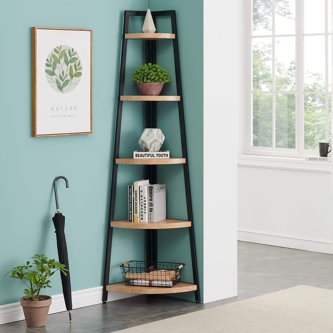 O&K FURNITURE 5 Shelf Industrial Corner Bookcase and Shelf, A-Shaped Display Corner Storage Rack Bookshelf-70-Inch, Oak Finish