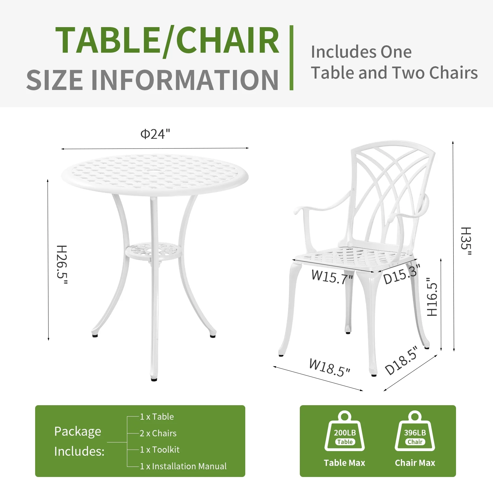 PATIO-IN 3 Piece Patio Set Outdoor Patio Furniture Set Cast Aluminum Bistro Table and Chairs Set of 2 with 1.97"Umbrella Hole for Garden,Yard,White