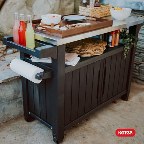 Keter Outdoor Rolling Table Cart for Food Prep, Storage, Bar & Grill, Dark Brown - Portable Kitchen Island Tabletop with Wheels for Drinks, Snacks