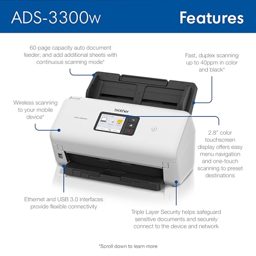 Brother ADS-3300W Wireless, High-Speed Desktop Scanner | 2.8-inch Touchscreen | Scans Up to 40ppm1