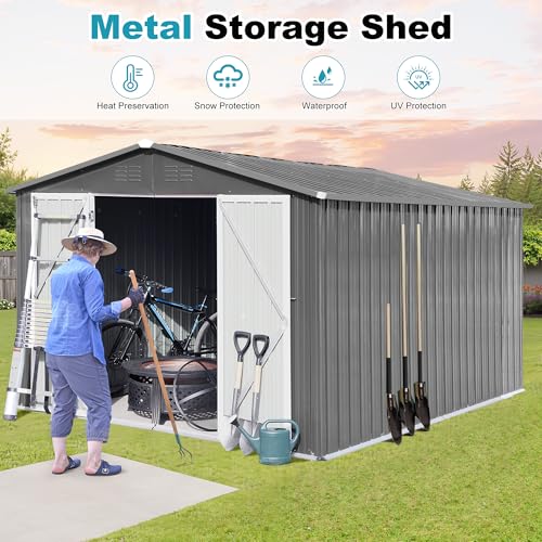 8x6 FT Outdoor Storage Shed, Metal Tool Shed with Lockable Doors, Peaked Roof & Frame Floor