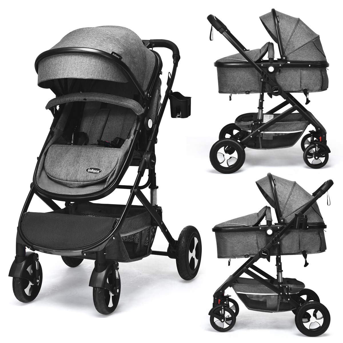 INFANS Baby Stroller for Newborn, 2 in 1 High Landscape Convertible Reversible Bassinet Pram for Infant & Toddler