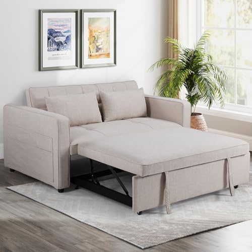 3-in-1 Convertible Sleeper Sofa Bed, Futon Couches with Pullout Bed, 2-Seater Loveseat Sofa with Storage Pockets