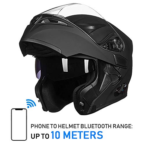 ILM Bluetooth Motorcycle Helmet Modular Flip up Full Face Dual Visor Mp3 Intercom FM Radio DOT Model 902BT(Matte Black, Large)