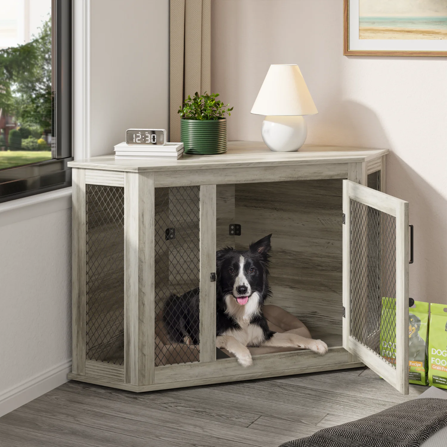 Bossin 44"Corner Dog Crate Furniture，Wooden Dog Kennel Indoor Furniture，Decorative Dog Crate