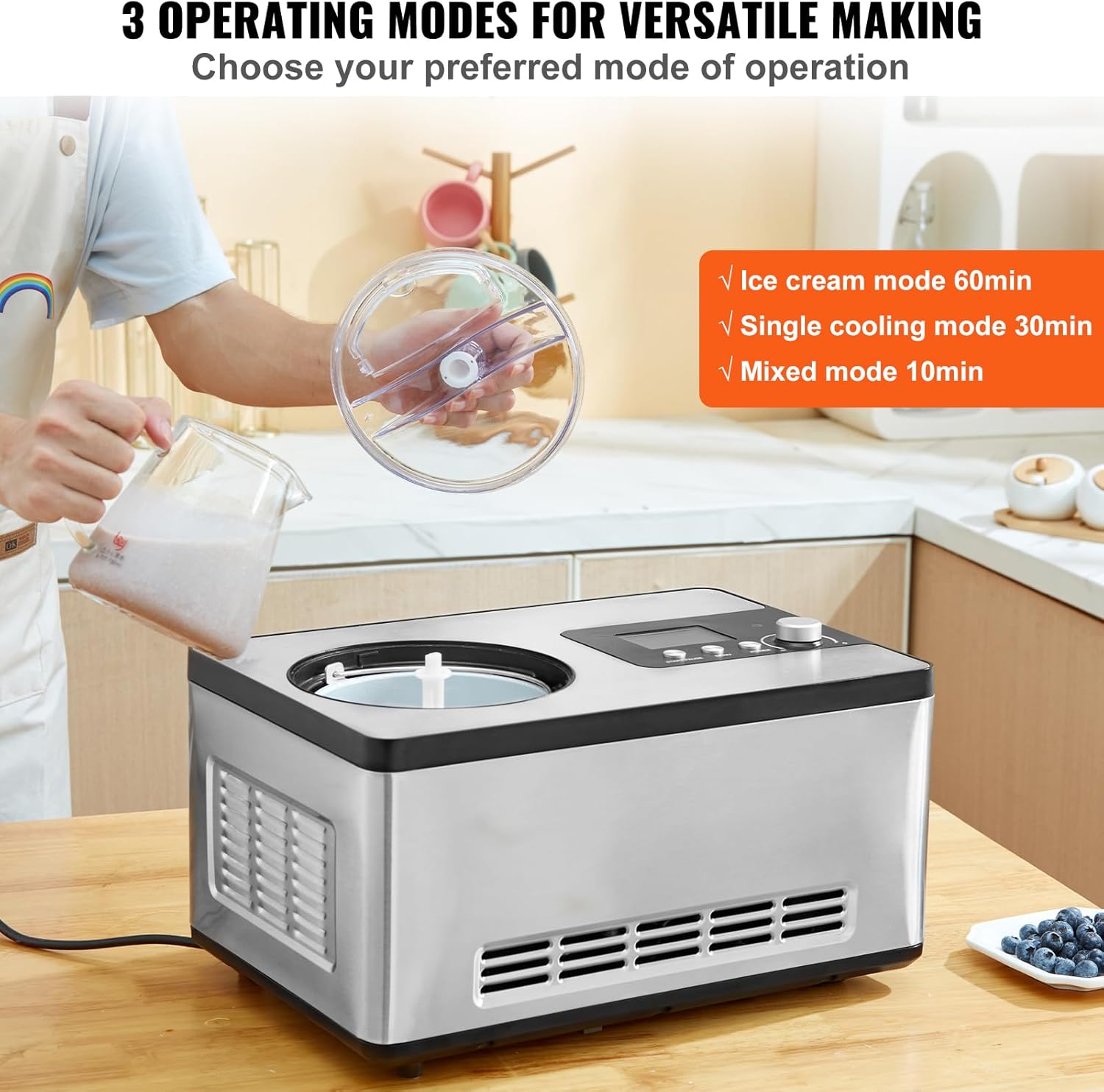 VEVOR Automatic Ice Cream Maker with Built-in Compressor, 2 Quart No Pre-freezing Fruit Yogurt Machine, Stainless Steel Electric Sorbet Maker