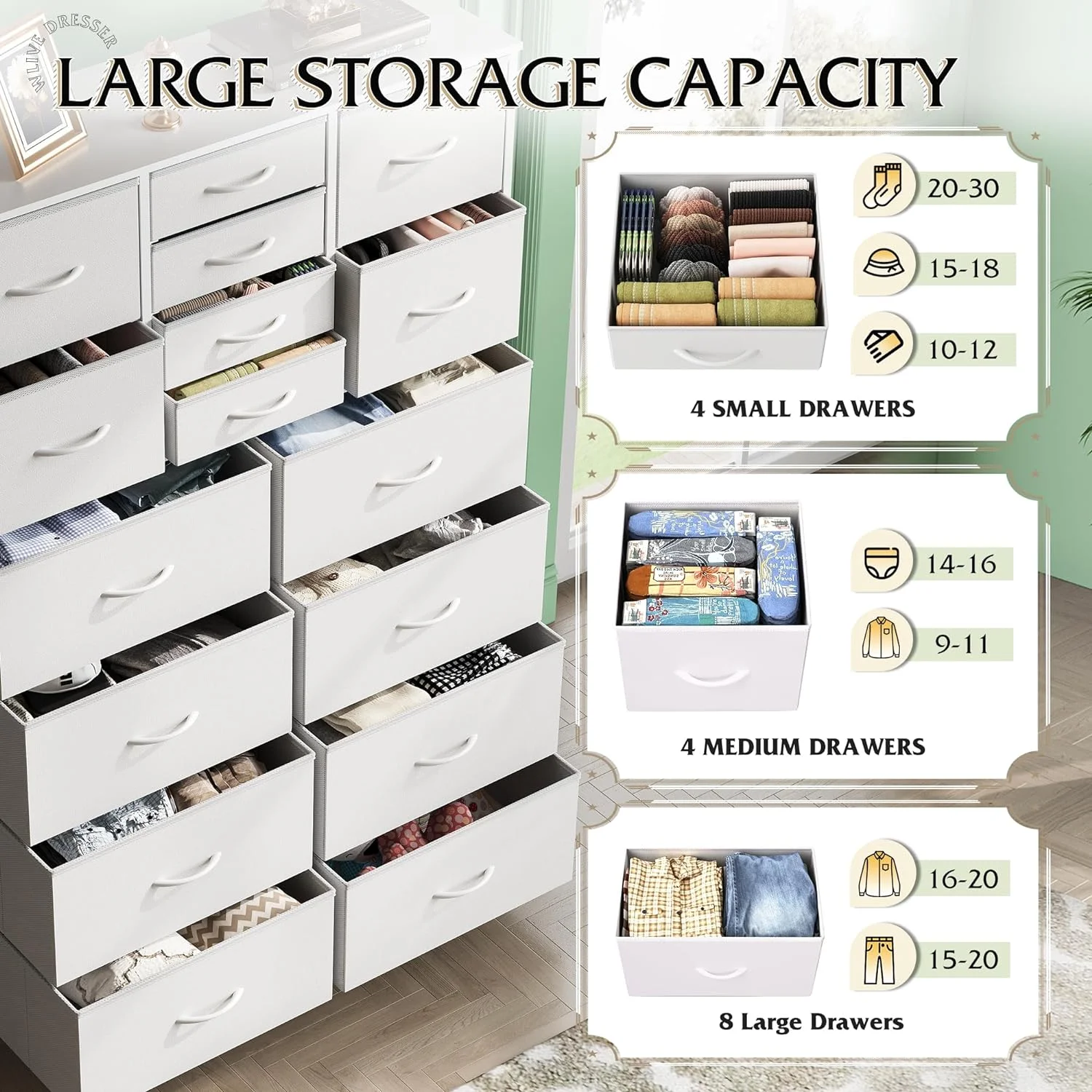 WANHUI 16 Drawers Dresser, Tall Dresser for Bedroom, Closet, Hallway, Storage Dresser Organizer unit