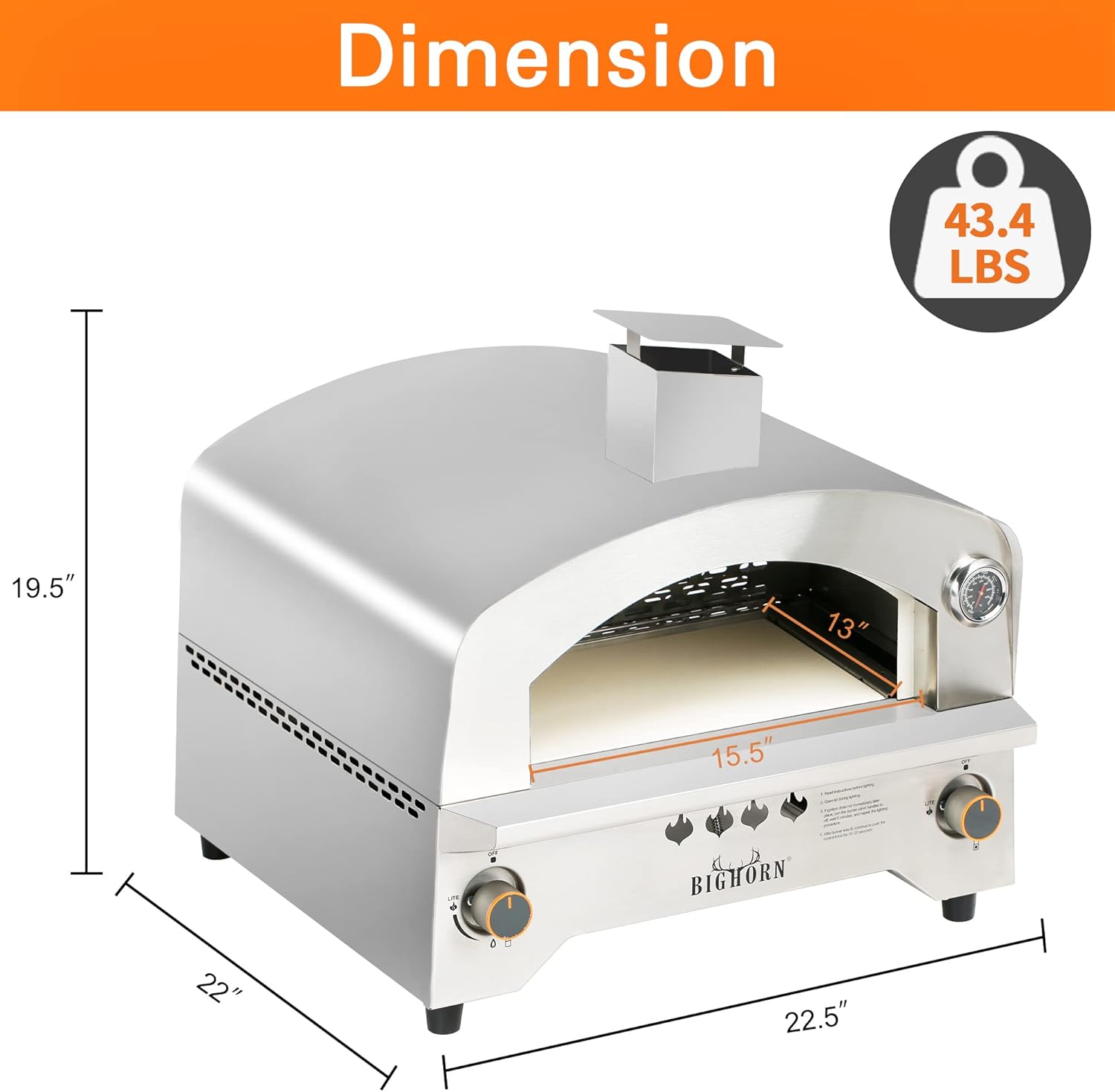 BIG HORN OUTDOORS Gas Pizza Oven, Portable Propane Pizza Oven with 13 inch Pizza Stone, Stainless Steel Pizza Maker for Outdoor Cooking