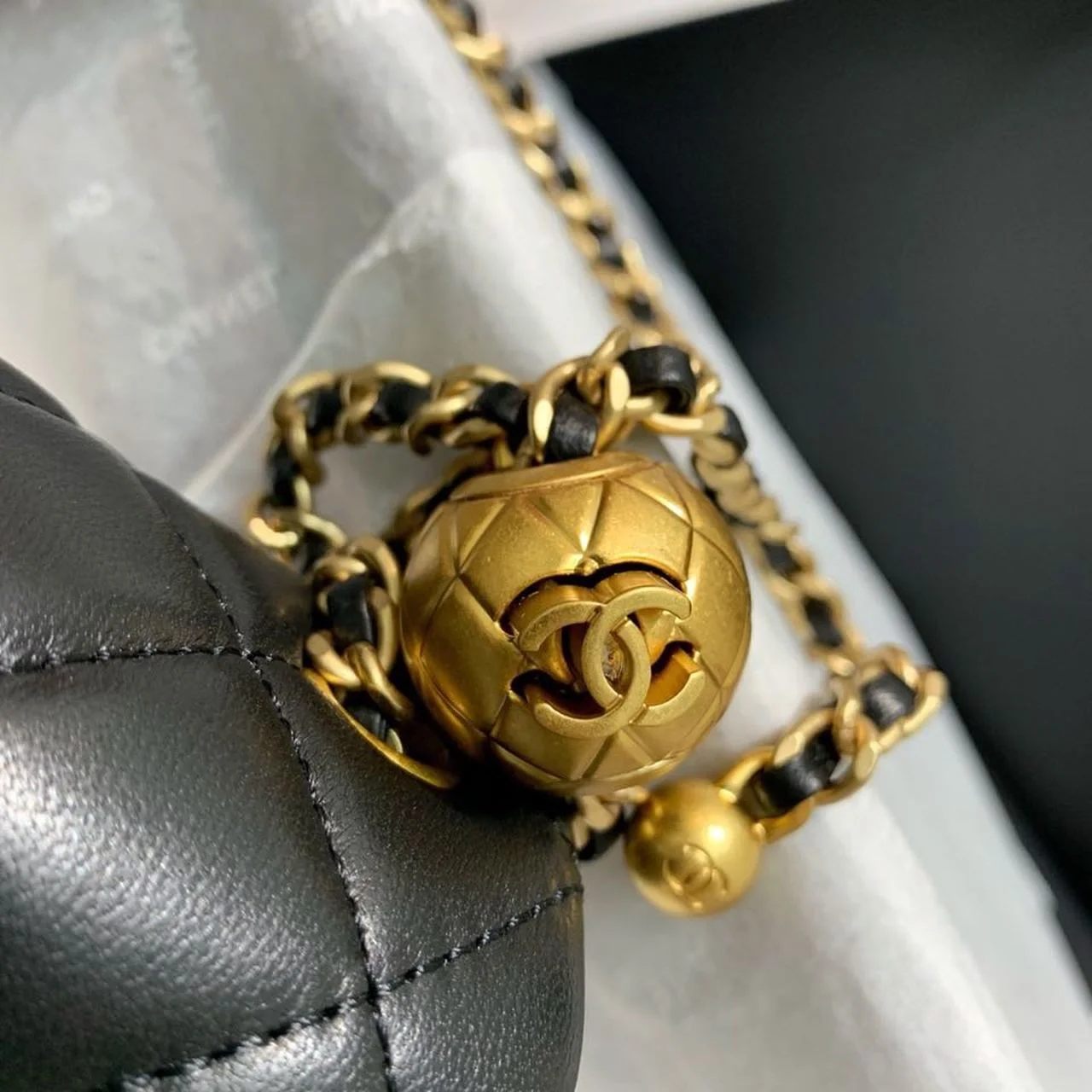 Chanel Flap Bag With CC Ball On Strap Black For Women, Women&rsquo;s Handbags, Shoulder And Crossbody Bags 7.8in/20cm AS1787