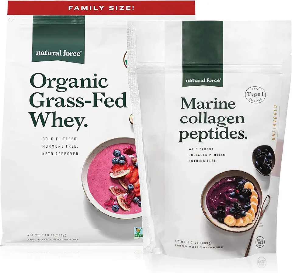 Natural Force Grass Fed Organic Whey Unflavored A2 Protein Powder, 5 LB Clean Marine Collagen Powder, 11.7 OZ - Kansas Nuitrition - HNZSDS