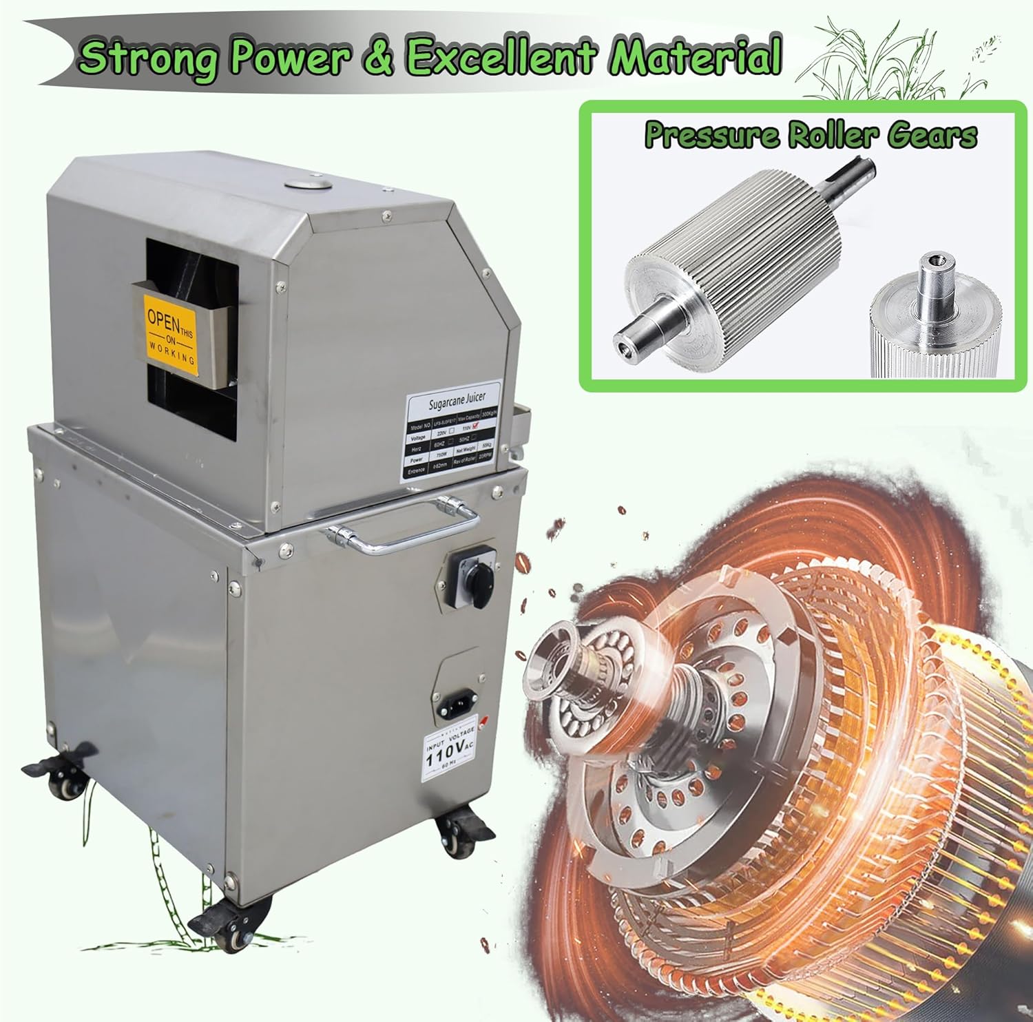 Commercial Sugar Cane Press Juicer Machine with Cleaning Port 304 Stainless Steel Rollers Three Rollers Sugarcane Juice Extractor for Commercial Home