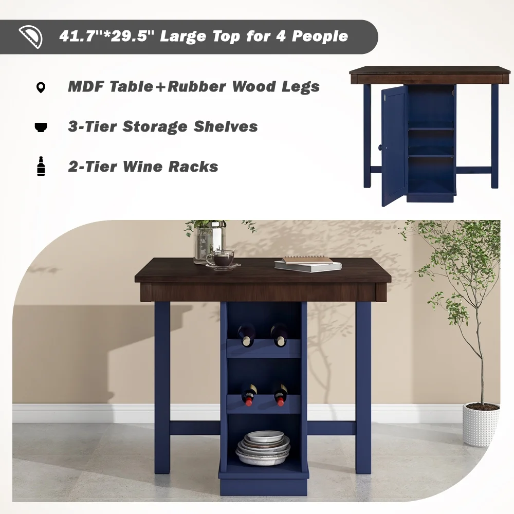 Farmhouse 5-Piece Counter Height Dining Sets, 4 Stools, Square Wood Table with 3-Tier Adjustable Storage Shelves and Wine Racks for Small Spaces