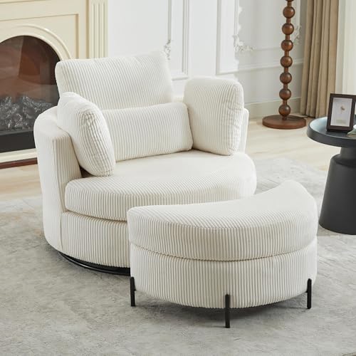 Aoiy & Wifon 42.2" W Oversized Swivel Barrel Chair with Ottoman, Upholstered Round Accent Chair with Storage Ottoman, Chenille, Beige