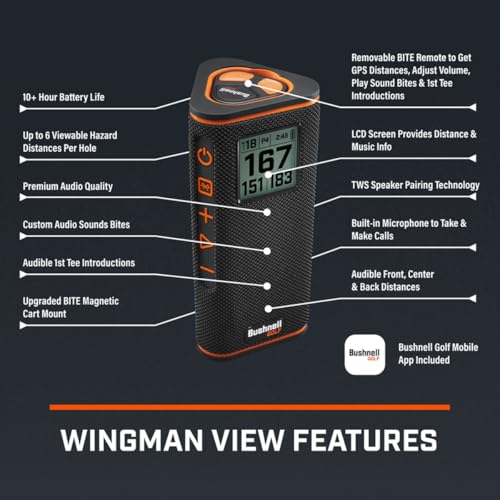 Bushnell Golf Wingman View GPS Speaker | LCD Screen, Magnetic Mount, Music & Audible Distances for 36,000+ Courses, Wireless Remote, 36-Hole Battery
