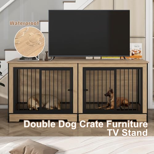 75’’ Double Dog Crate Furniture for 2 Dogs, Sturdy XXL Dog Crate Furniture with Removable Divider & Trays