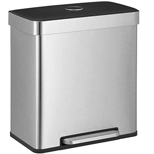 SONGMICS Kitchen Trash Can, 16 Gallons (2 x 8 Gallons) Dual Compartment Garbage Can, 60L Pedal Recycling Bin, Stay-Open Lid and Soft Closure