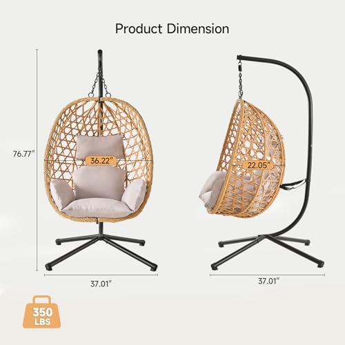 Egg Chair with Stand, Wicker Rattan Swing Hammock Chair with Fine Lace & Cushion, Hanging Chair with Double Chains