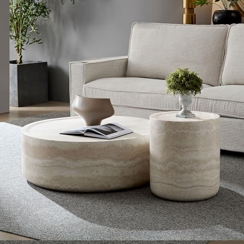 JUSTONE 15.75 ''Round Coffee Table, Accent End Table for Living Room Office Apartment, Modern Minimalist Side Table with Faux Marble Pattern