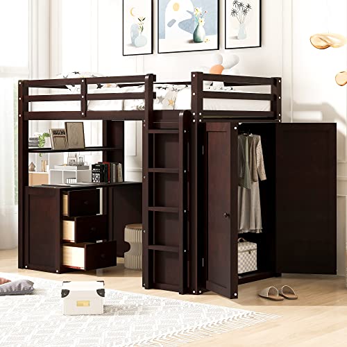 Harper & Bright Designs Full Size Loft Bed with Desk and Wardrobe, Solid Wood Loft Bed Frame with Storage Drawers, for Kids Teens Adults (White)