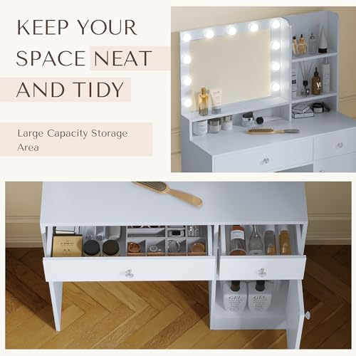 Vanity Desk with Mirror and Lights, Diamond Edition Vanity Desk, Makeup Vanity Table with 3 Drawers & 5 Open Shelves
