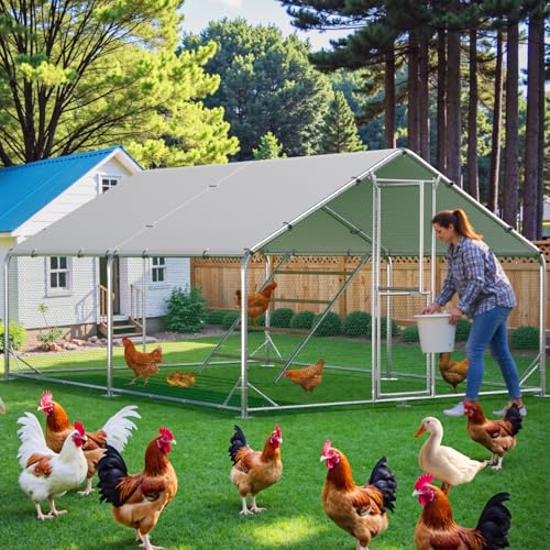 Large Chicken Coop,Metal Chicken Run for Yard with Feeding Door,Walk-in Chicken Pen for 10-20 Chickens,Outdoor Poultry Cage with Anti-UV Cover
