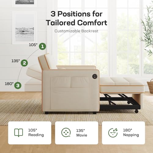 Marsail Sofa Bed, 3-in-1 Convertible Sleeper Sofa, Futon Couch with USB Charging, Side Pockets & Adjustable Backrest, Pull Out Couch for Living Room