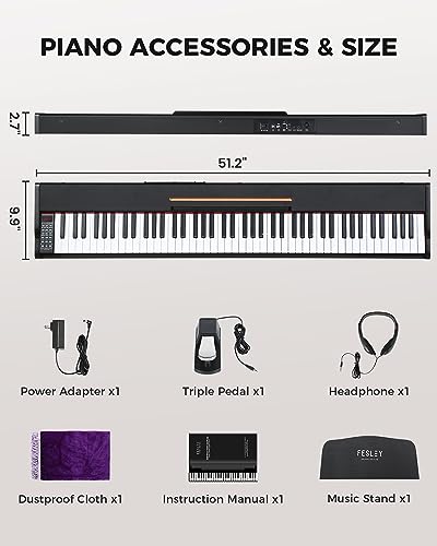 Fesley Weighted Piano Keyboard 88 Keys: Full Size Electric Keyboard Piano for Beginners, Portable 88 Key Keyboard with Daul Speaker,Sustain Pedal