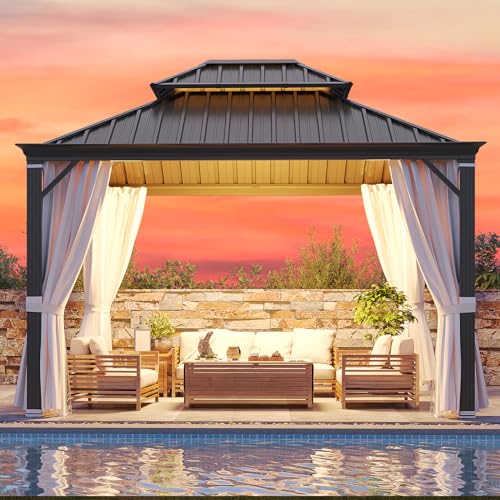 YOLENY 10' x 12' Hardtop Gazebo, Metal Gazebo with Aluminum Frame, Double Galvanized Steel Roof, Curtains and Netting Included