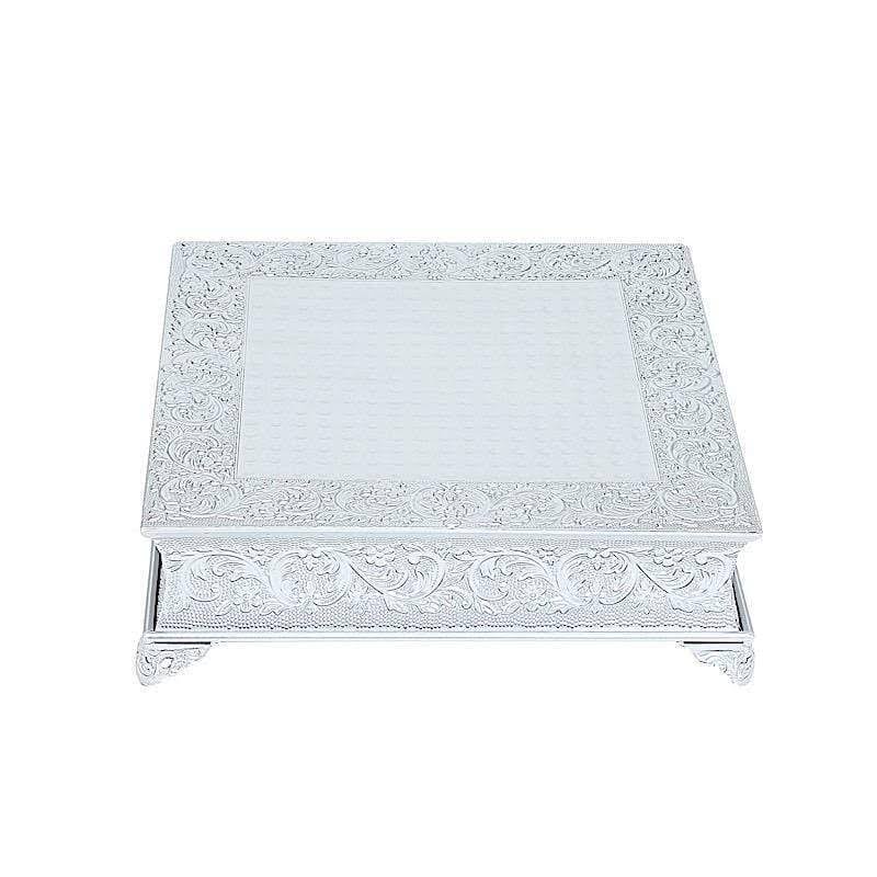 18x18 in Wide Silver Square Embossed Wedding Cake Stand Riser