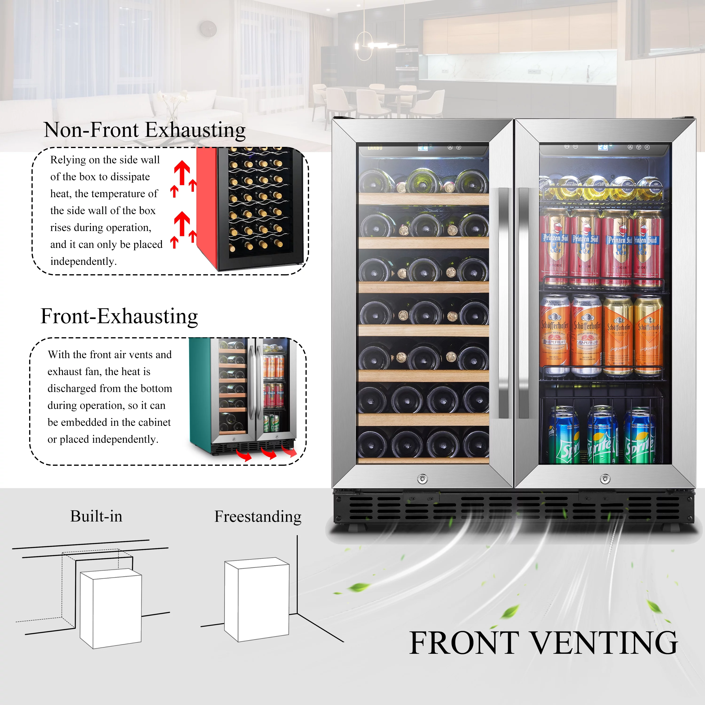 Lanbo 70 Can 33 Bottle Under Counter Dual Zone Wine Refrigerator and Beverage Cooler 30 inch Width