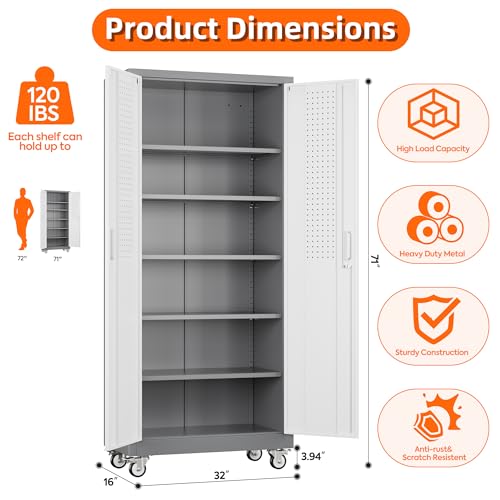Aobabo 71" H×32" W×16" D Metal Storage Cabinet with Wheels, Garage Steel Storage Cabinet with 5 Adjustable Shelves and 4 Hooks for Home Office