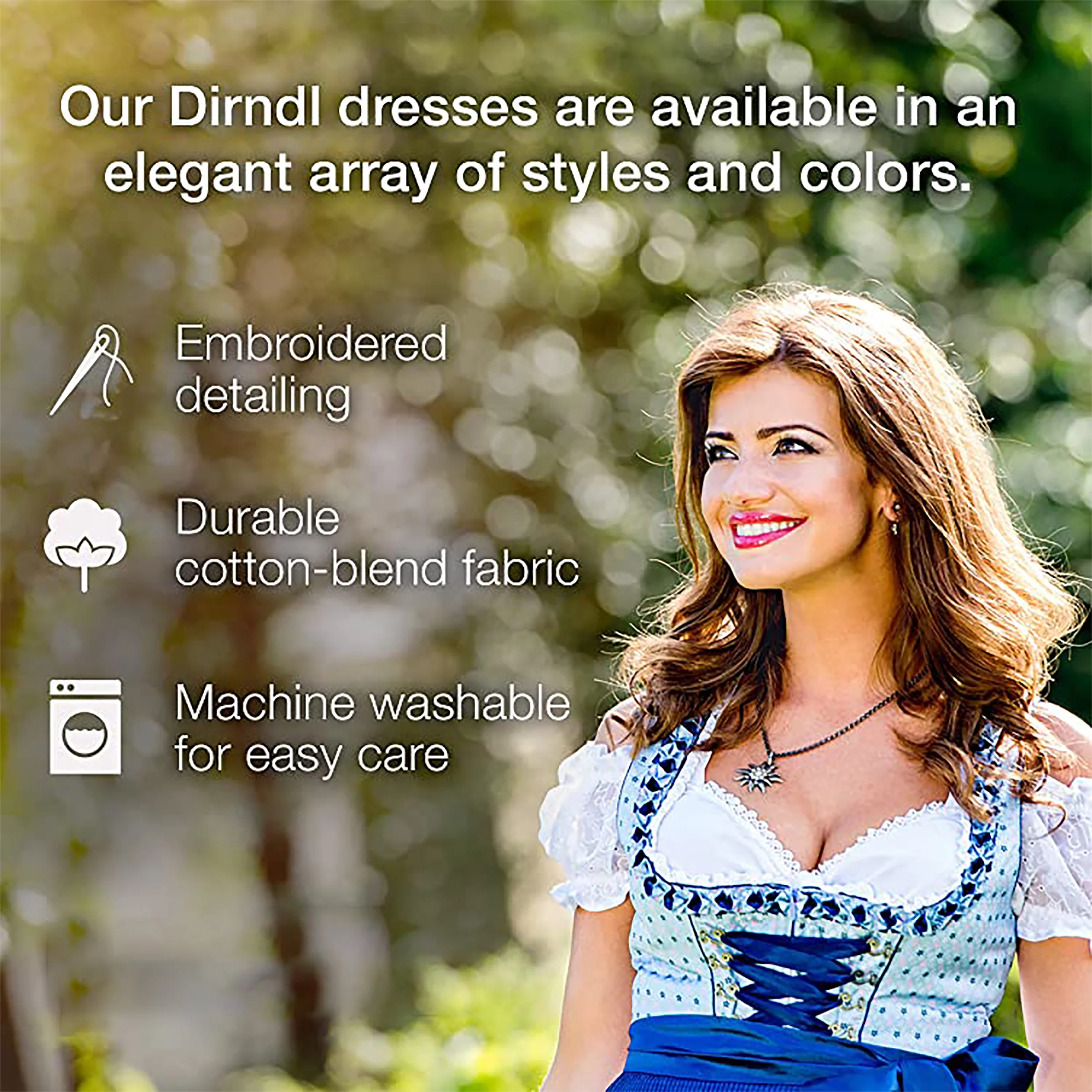 Dirndl Trachten Haus 3 Piece Long German Oktoberfest Dirndl Cotton Dress for Womens and Girls - Sky Blue