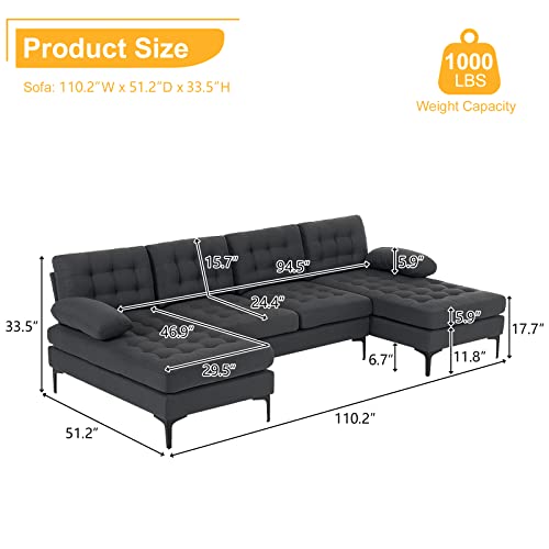 Karl home Convertible Sectional Sofa 110" U-Shape Sofa Couch 4-Seat Couch with Chaise ChenilleFabric Upholstered for Living Room, Apartment, Office