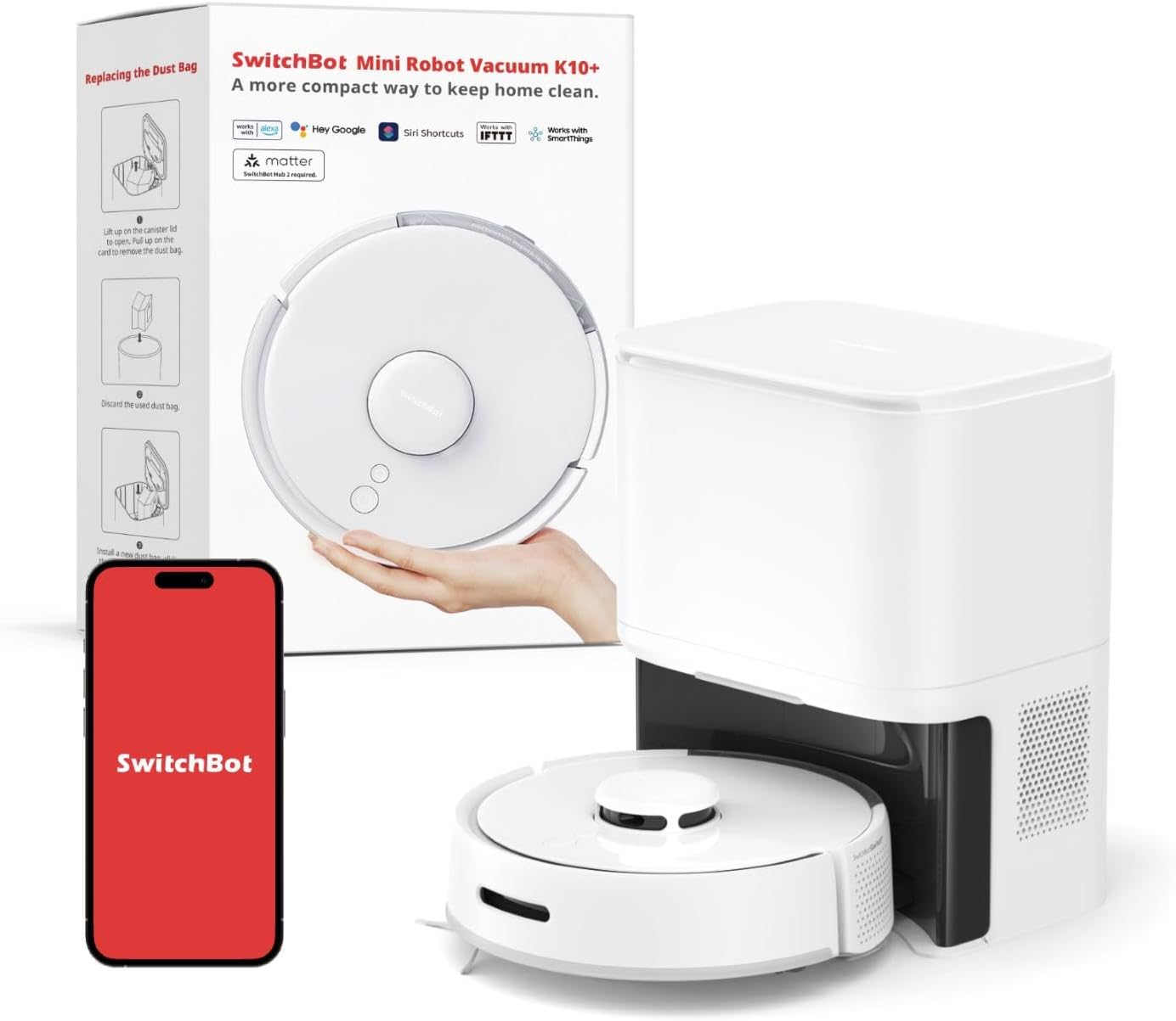 SwitchBot Mini Robot Vacuum K10+, Self-Emptying Base for 70 Days of Cleaning, LiDAR Navigation, Robot Vacuum and Mop Combo with Custom Cleaning
