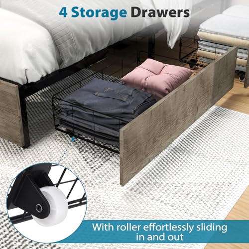 Full Size Bed Frame with Headboard, LED Platform Bed with 4 Storage Drawers, Built in Charging Station, Noise-Free, Metal Support Base