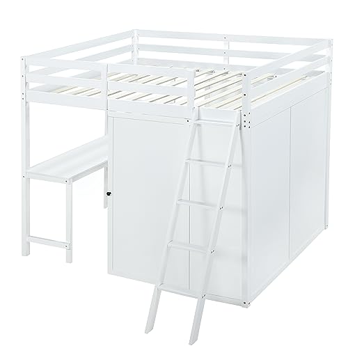 Twin Loft Bed with Staircase, Desk and Wardrobe, Wood Loft Bed with Storage Shelves and Safety Guardrail