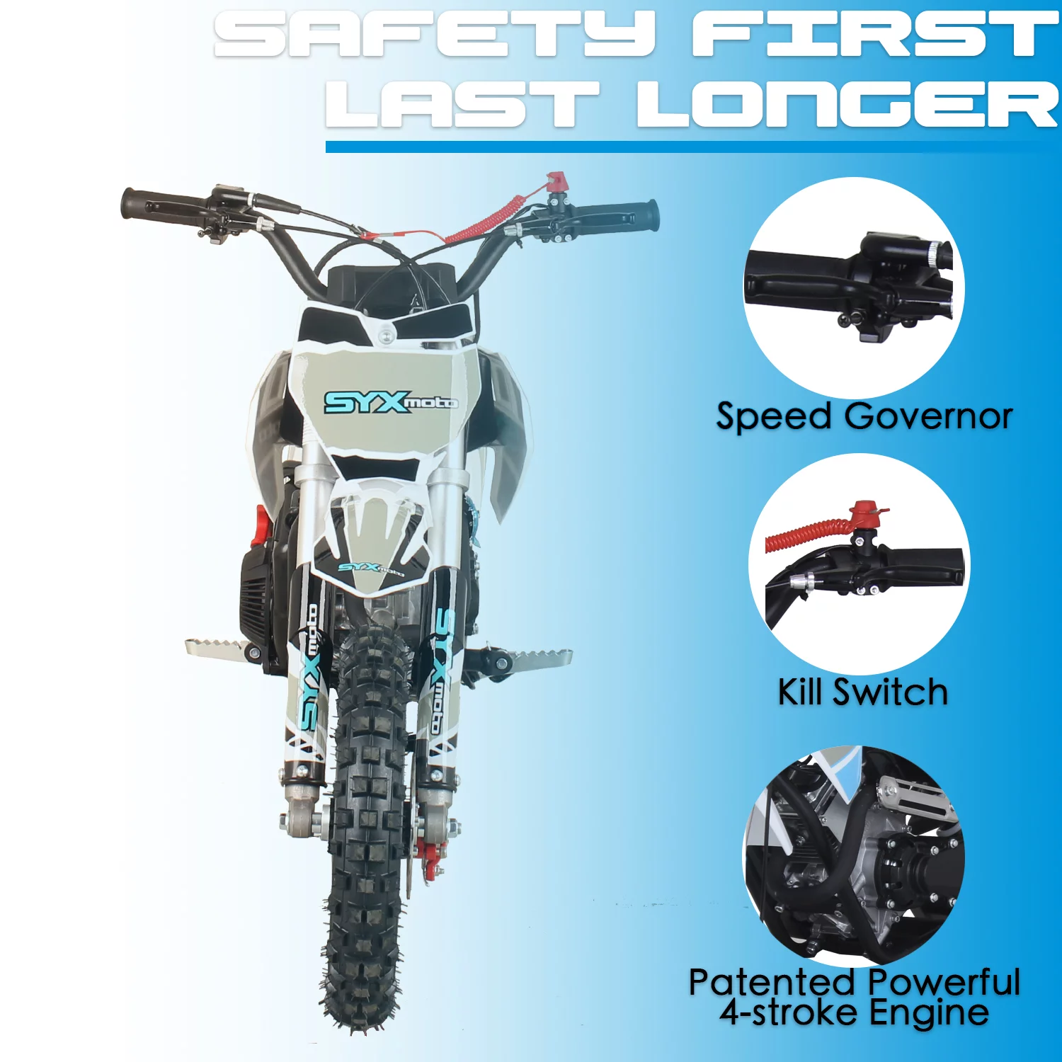 SYX MOTO VK 58cc 4 Stroke Real Motorcycle Engine Gas Powered Kids Dirt Bike, Pull Start, New, Blue/White - Radiant Selections
