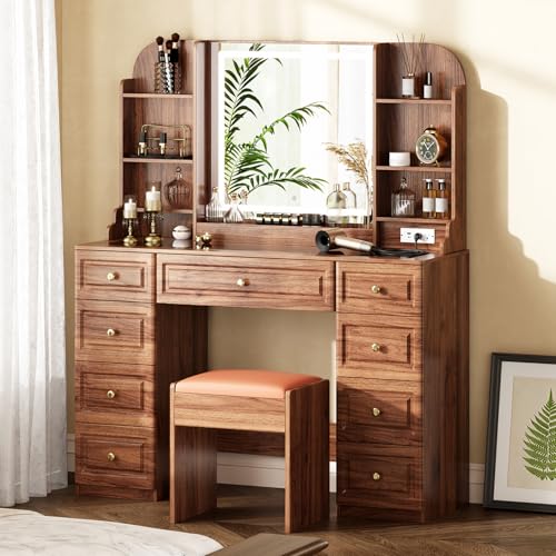 43" Makeup Vanity Desk with Mirror and Lights, & Power Outl, Glass Top Big Vanity Table with 9 Drawers& 8 Storage Shelves